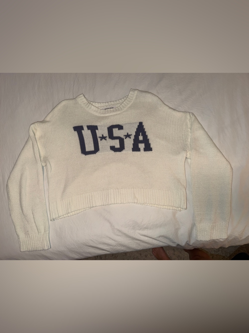 Grayson Threads Cream Crop Sweater with Navy USA Lettering